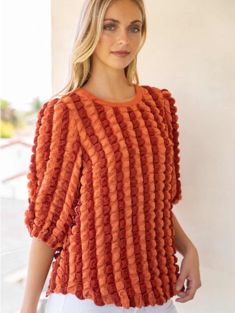 VOY Textured Popcorn Puff Sleeve Top - Picture 5 of 6